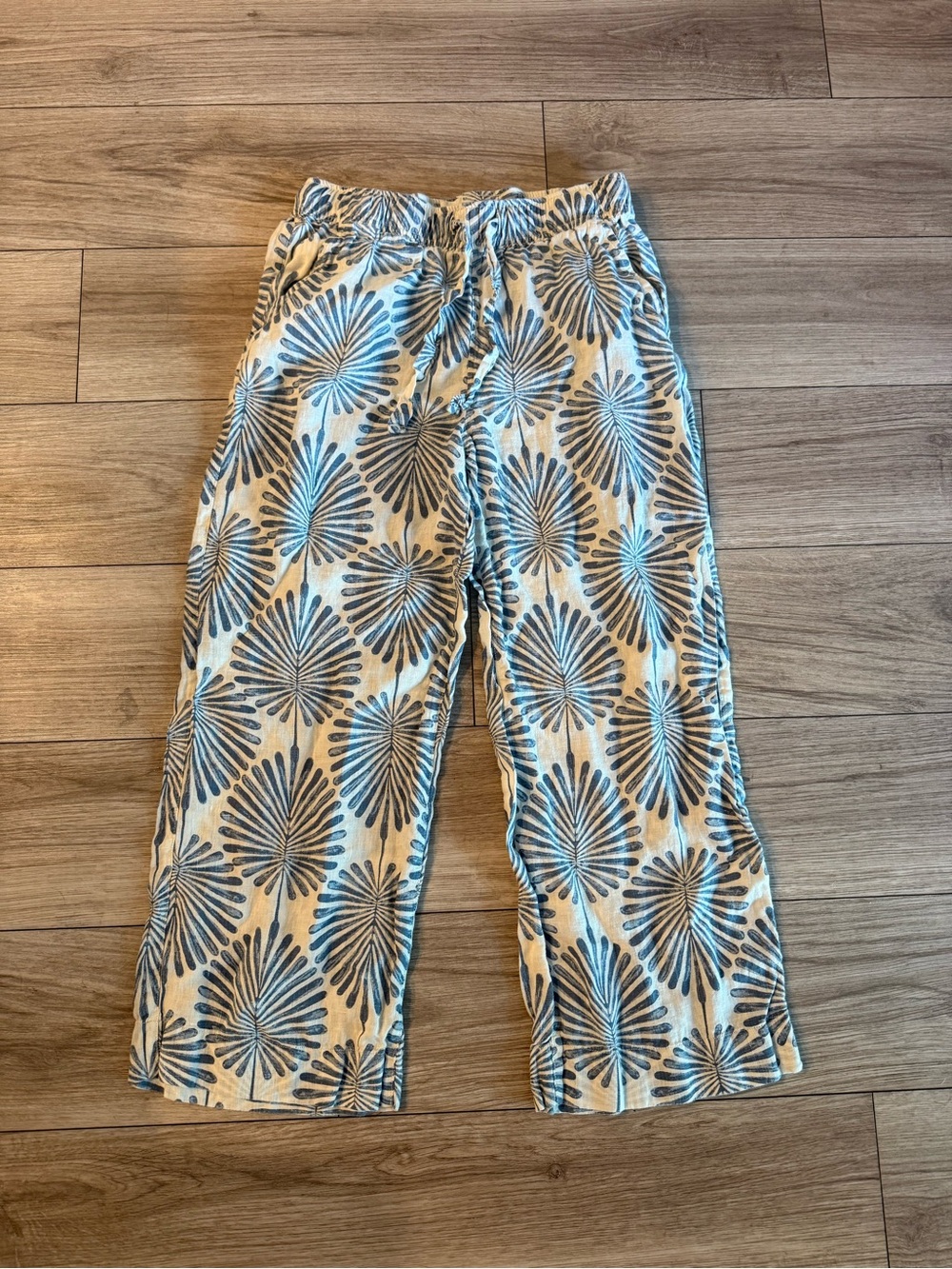 Joie Linen Palm Leaf Wide Leg Pants Blue White M